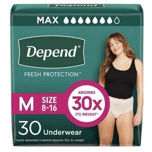 Depend Incontinence Underwear 30 Count Women’s Medium 30X Dry Shield Briefs